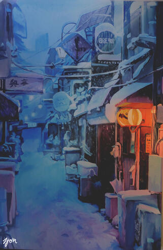 Oils on board. Goldain Gai, Japan. Original reference image: https://artturi.tumblr.com/post/78625456099/golden-gai-petri-artturi-asikainen/amp